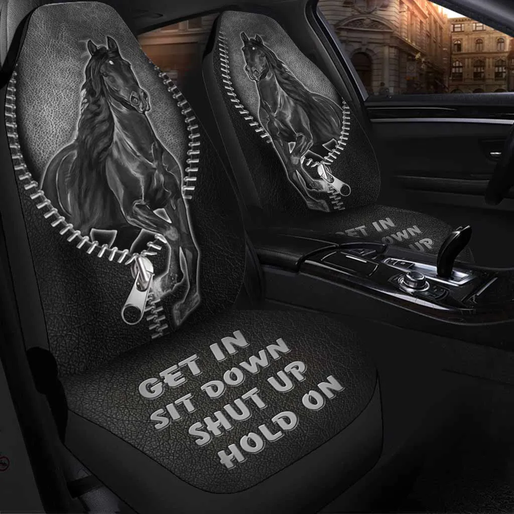 Black Horse 3D Printed On Front Car Seat Covers With Leather Pattern, Love Horses Car Accessories