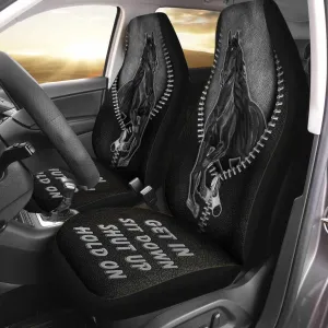 Black Horse 3D Printed On Front Car Seat Covers With Leather Pattern, Love Horses Car Accessories
