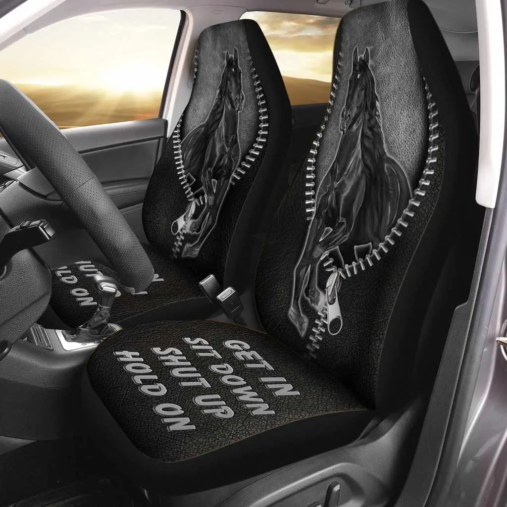 Black Horse 3D Printed On Front Car Seat Covers With Leather Pattern, Love Horses Car Accessories