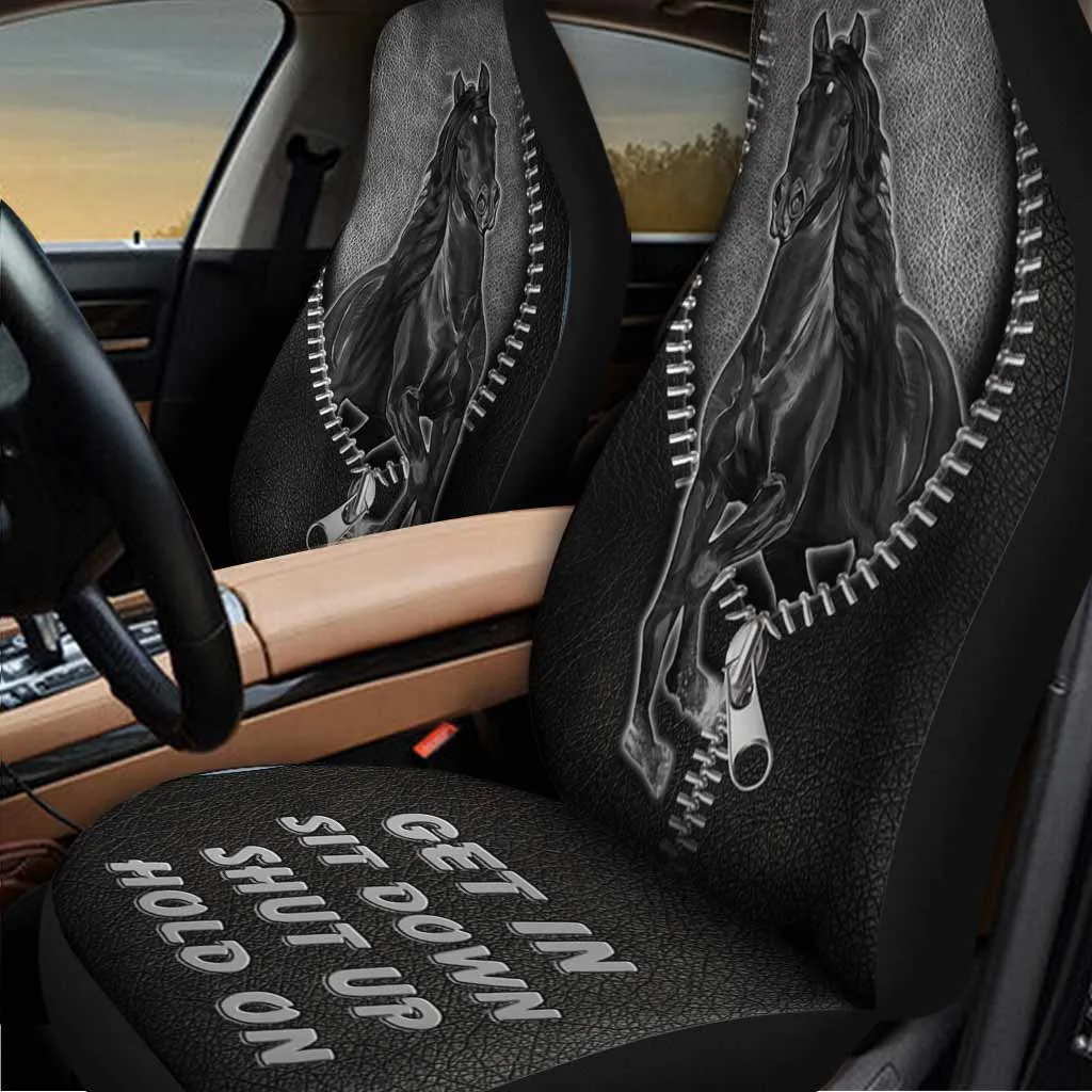 Black Horse 3D Printed On Front Car Seat Covers With Leather Pattern, Love Horses Car Accessories