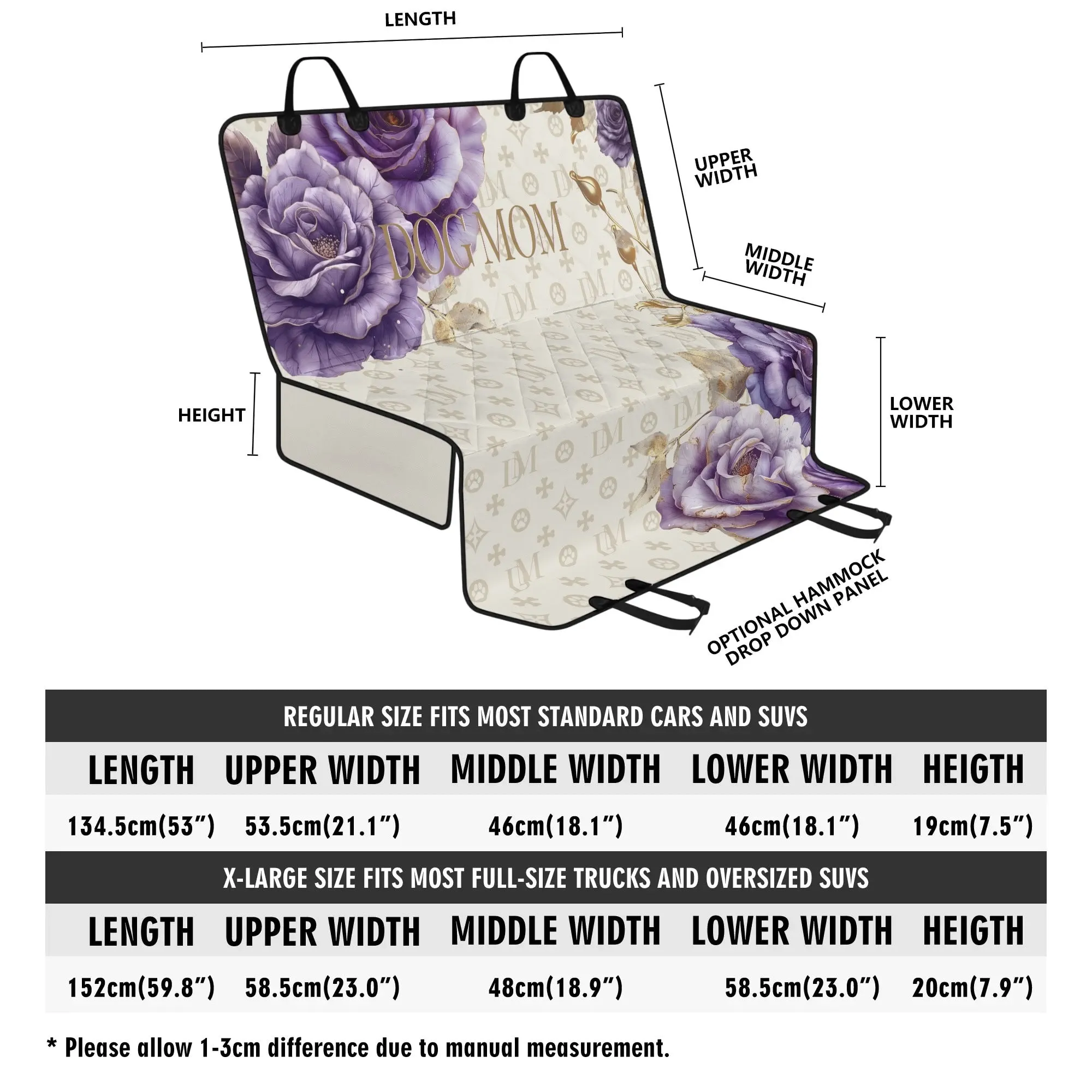 Dog Mom Signature "DM" Motif French Lavender Rose Dog Car Seat Cover