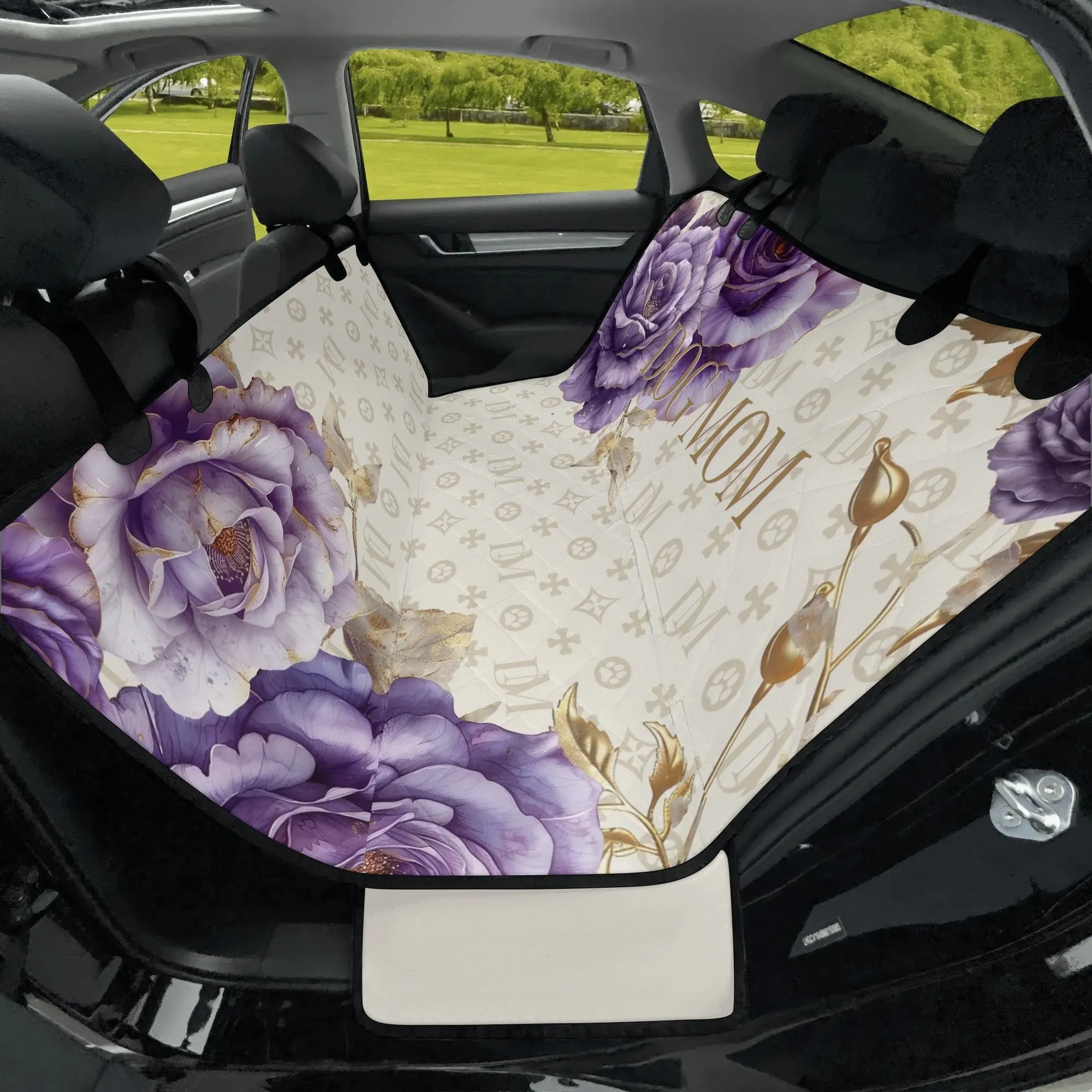 Dog Mom Signature "DM" Motif French Lavender Rose Dog Car Seat Cover