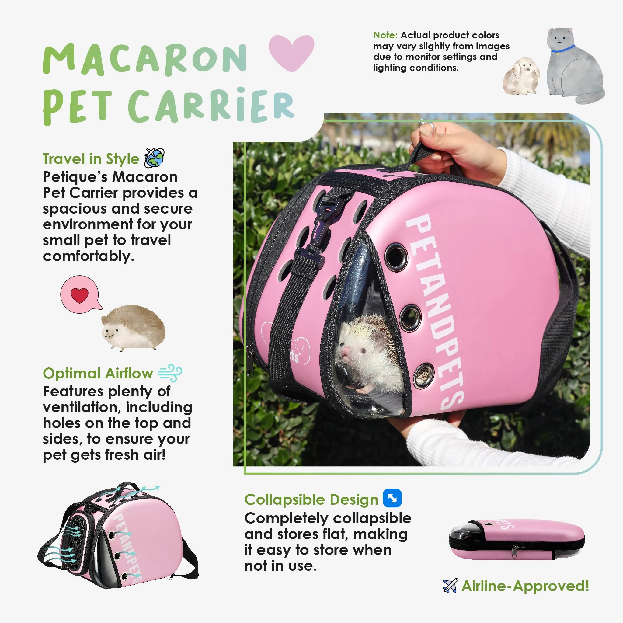 Macaron Pet Carrier: Optimal Airflow, Quality Mesh Windows, Peek-a-Boo Window, Collapsible, Adjustable Strap, Supports 25 LB