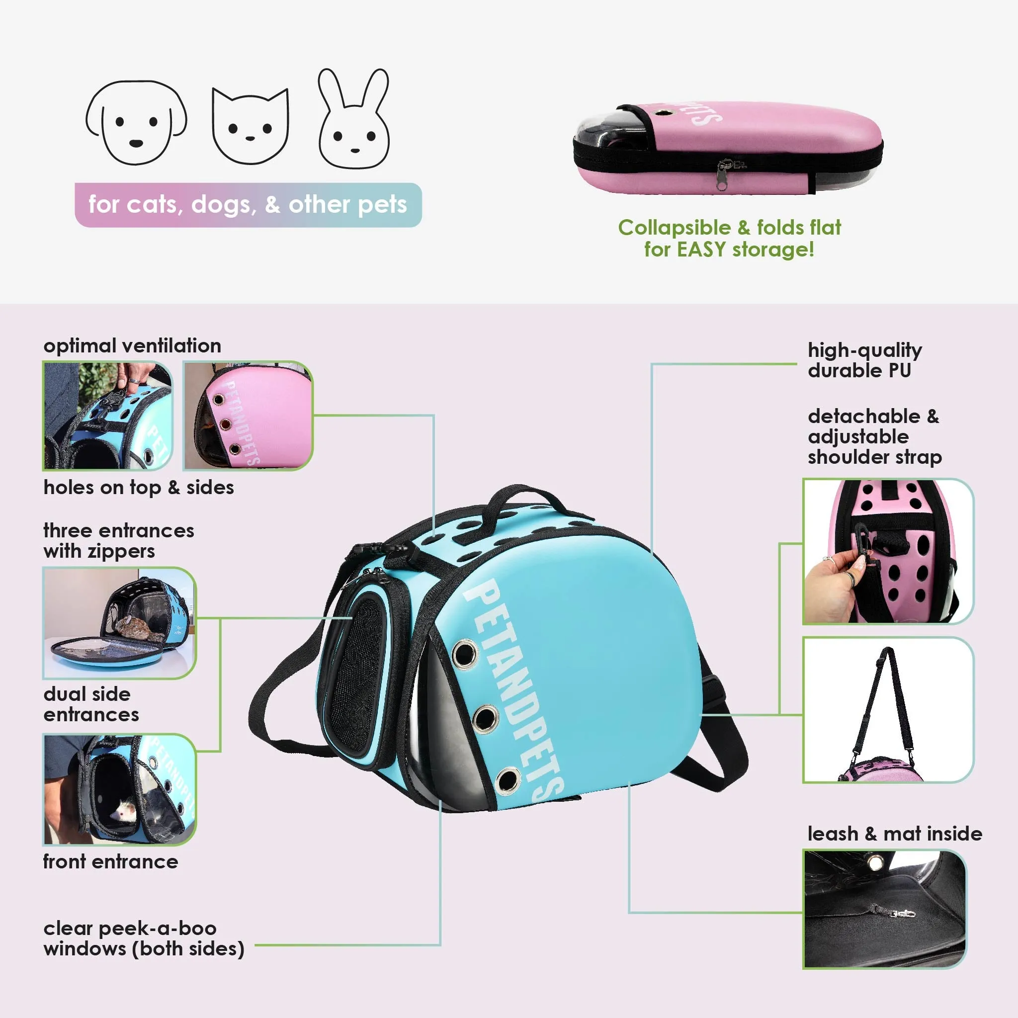 Macaron Pet Carrier: Optimal Airflow, Quality Mesh Windows, Peek-a-Boo Window, Collapsible, Adjustable Strap, Supports 25 LB