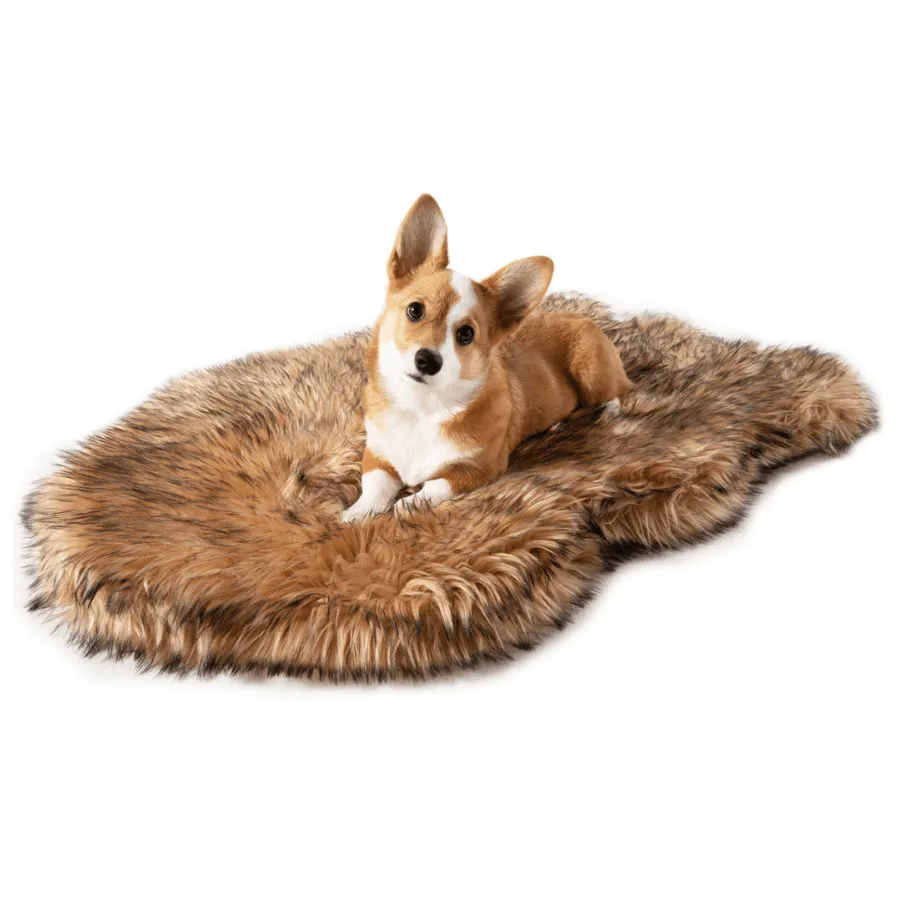 PupRug™ Faux Fur Sable Tan Orthopedic Dog Bed   FREE Holiday Plaid Bed Cover