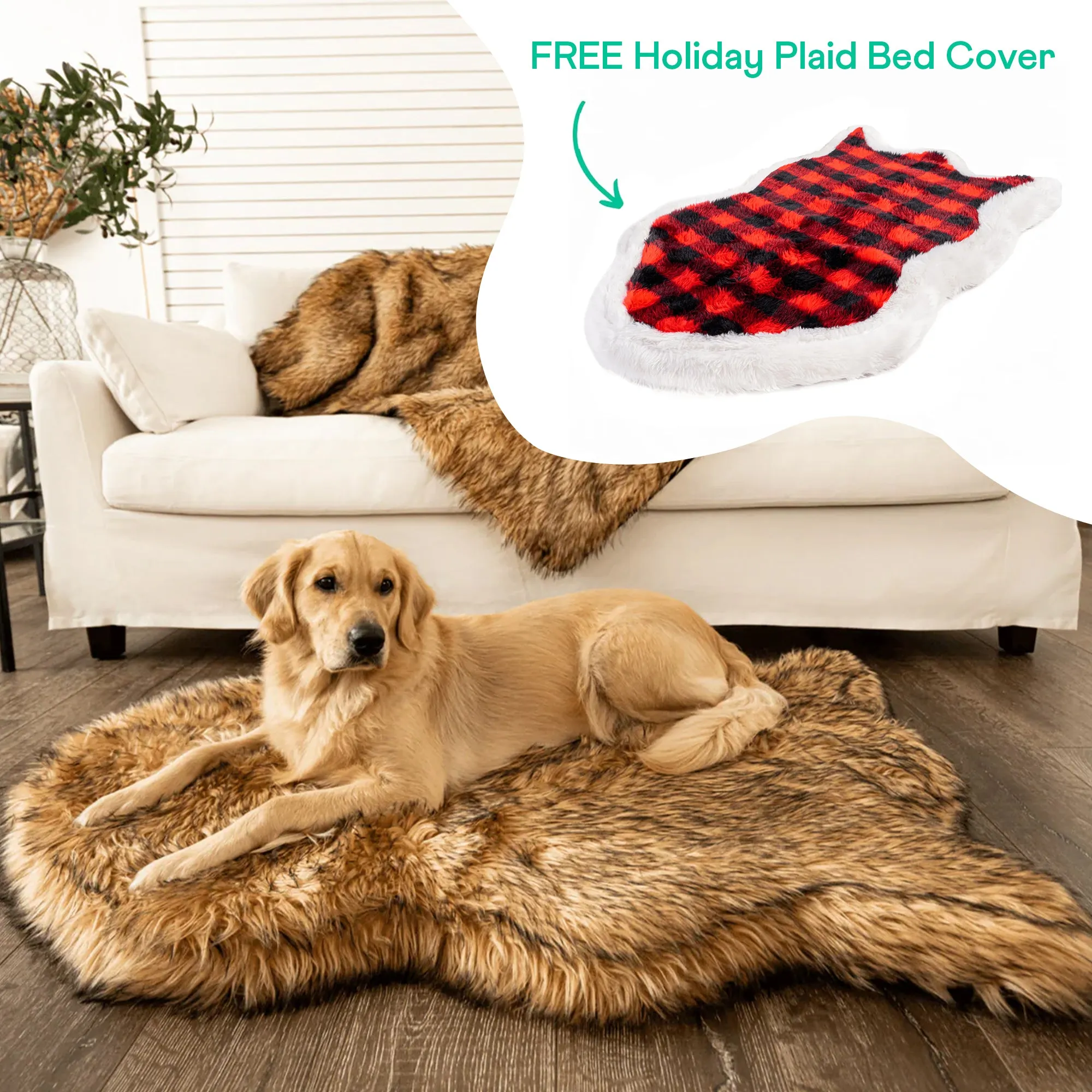 PupRug™ Faux Fur Sable Tan Orthopedic Dog Bed   FREE Holiday Plaid Bed Cover