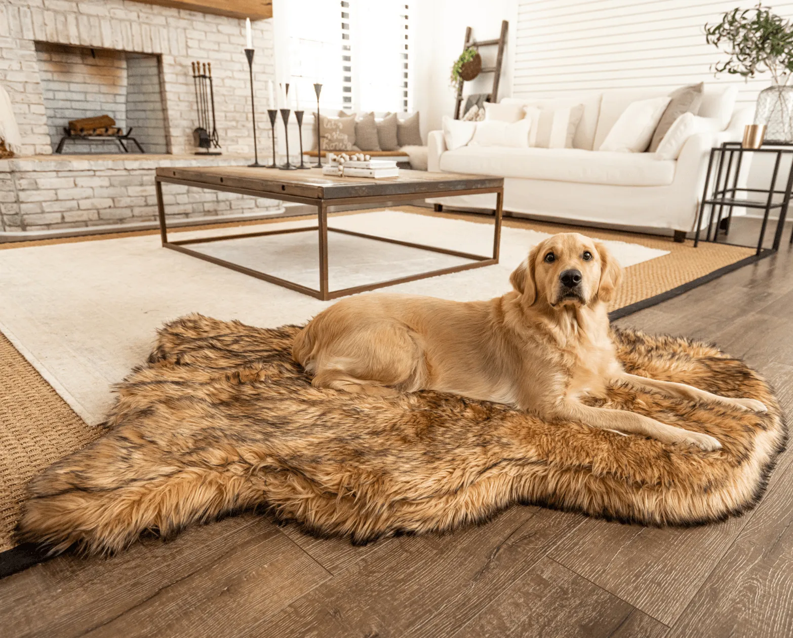 PupRug™ Faux Fur Sable Tan Orthopedic Dog Bed   FREE Holiday Plaid Bed Cover