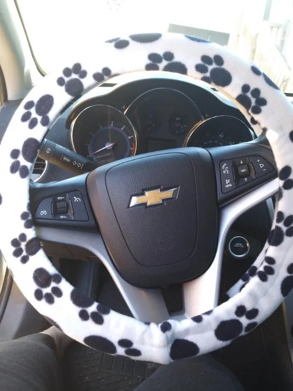 White with Black Paws paw print fleece car steering wheel cover